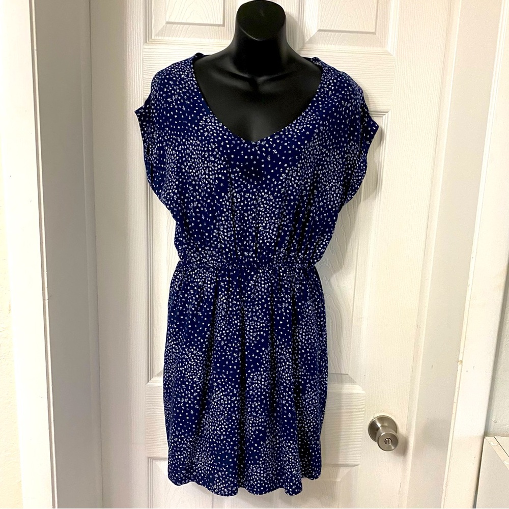 Pink Rose Blue Polka Dot Fit Flare Mini Sun Dress, Cinched Waist size M flouncy